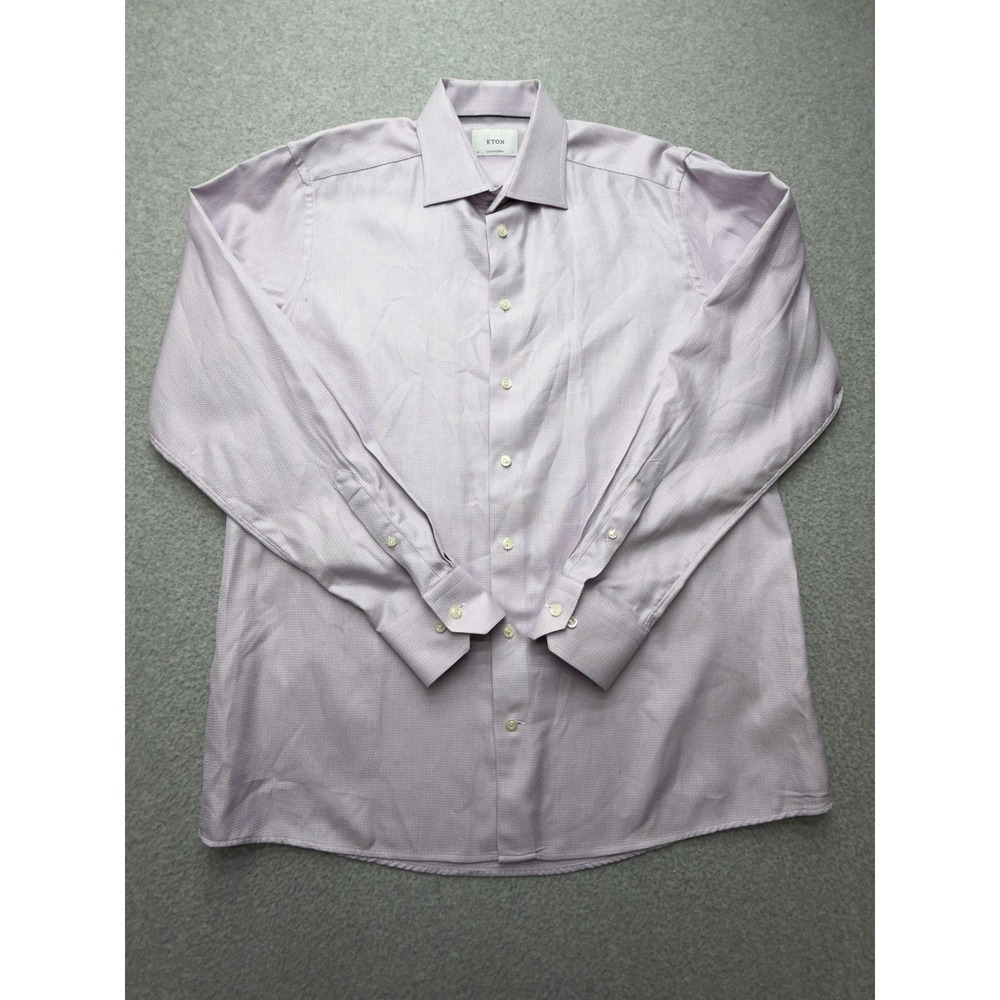 Eton Dress Shirt Mens 17 Purple Herringbone Contemporary Cotton Long Sleeve